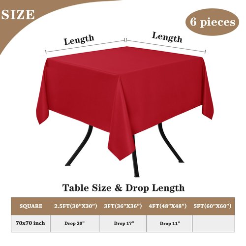 Fitable 6 Pack Red Square Tablecloths - 70 x 70 Inches - Stain Resistant and Reusable Table Clothes, Polyester Fabric Table Covers for Dining, Card Tables, Coffee Tables