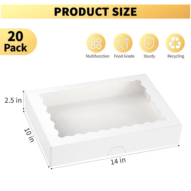 Ocmoiy 20 Pack Cookie Boxes, 14x10x2.5 Inch Large Bakery Boxes with Window, Auto-Popup Treat Box for Chocolate Covered Strawberries, Pies, Donuts, Muffins, Breakable Heart