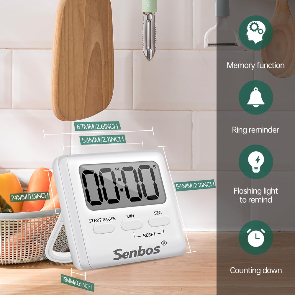 Senbos Digital Kitchen Timer with Loud Alarm - Magnetic Countdown/Countup Timer, Silent Mode, Large LED Display for Cooking, Classroom, Kids & Seniors (White)