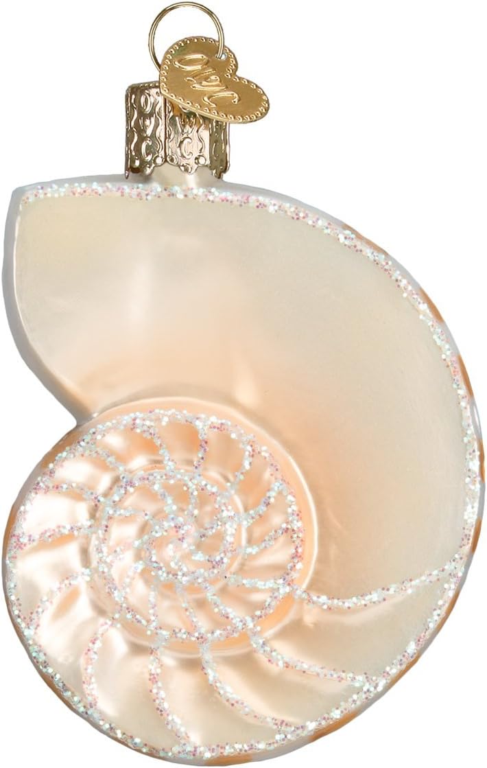 Beach Shells Glass Blown Ornaments for Christmas Tree - Junonia Shell, Tan/Brown/White/Gold