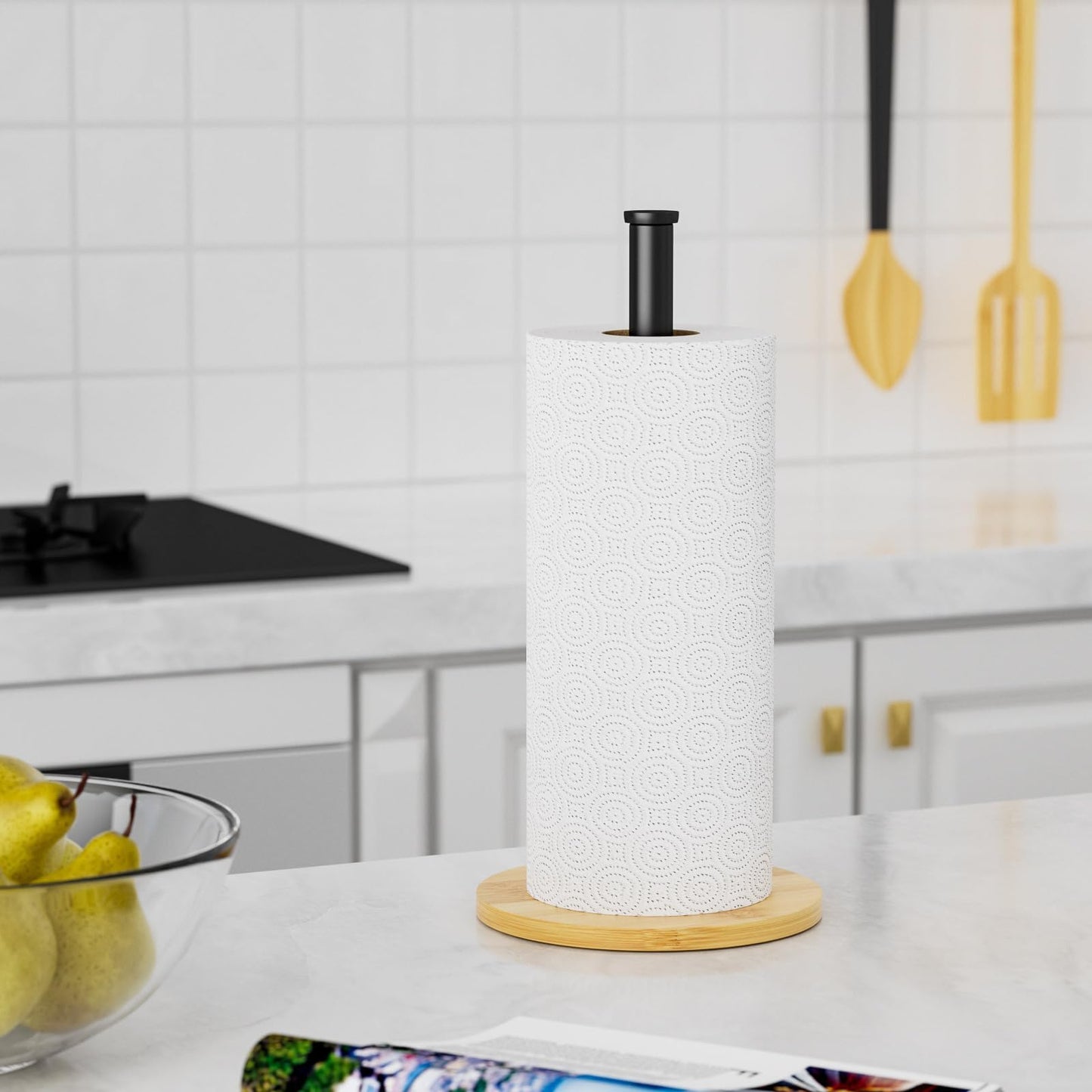 CHIKESI Wooden Paper Towel Holder Countertop, Black,Non-Slip Base, Stainless Steel, FreeStanding, Easy Install, Durable, Ideal for Home,RV,Bathroom,Farmhouse Essentials Decor Accessories