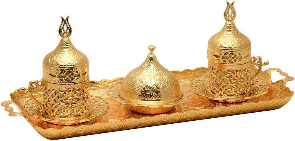 Alisveristime Turkish Coffee Set for Two - Authentic Ottoman Style Cups, Saucers, and Serving Tray with Lale Motifs (Acur) (Copper)