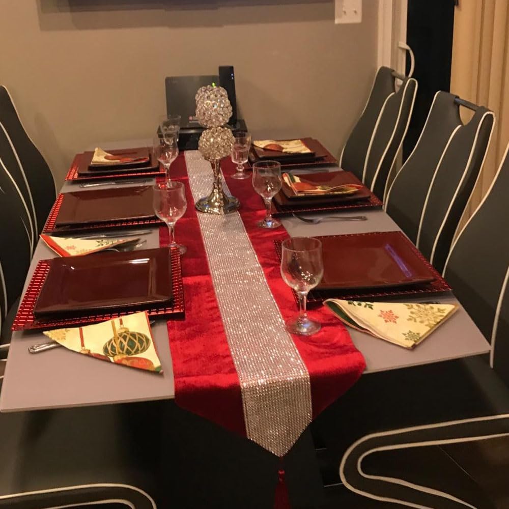 Red 13x72 Inch Table Runner with Diamante Strip & Tassels - Elegant Home Decor