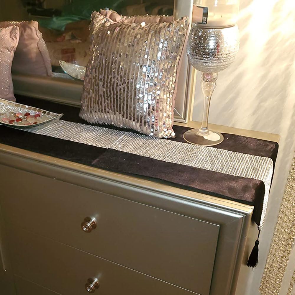 Black 13x72 Inch Table Runner with Diamante Strip & Tassels - Elegant Home Decor