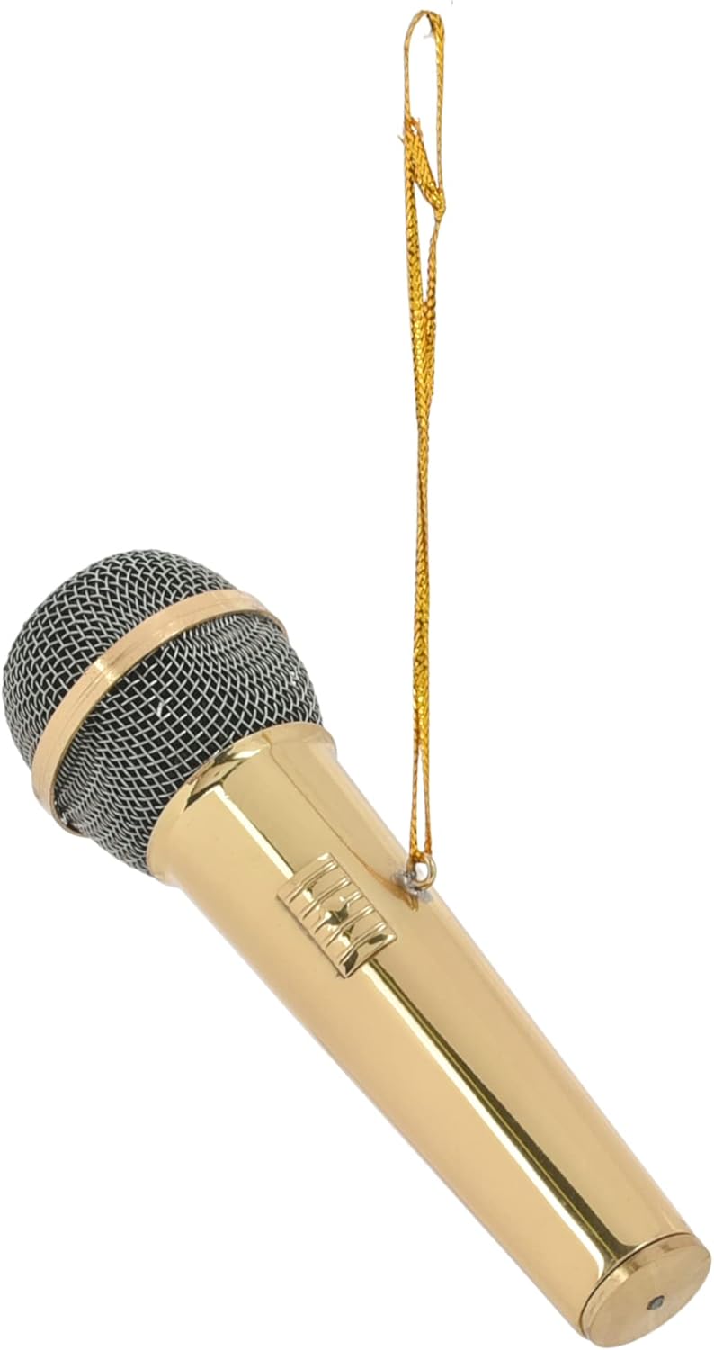 Gold Tone Microphone Ornament - 3" Brass Hanging Decor for Musicians & Singers