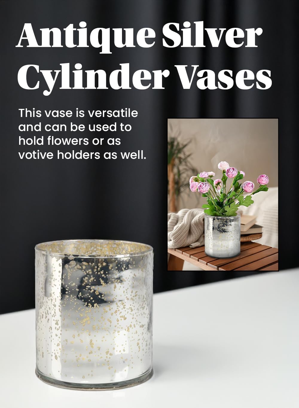 Antique Silver Cylinder Vase - Vintage Mercury Glass for Weddings & Events, 4.75" Tall
