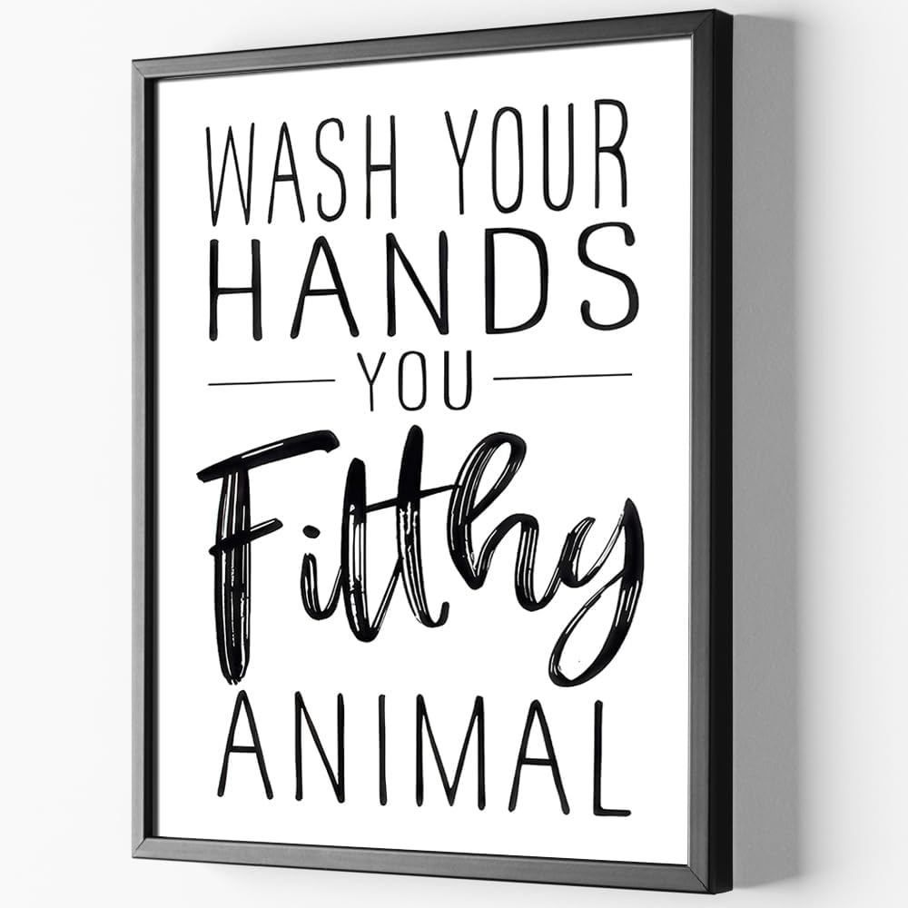Skiennix Framed Black And White Bathroom Wall Art - Funny Wash Your Hands Poster | Modern Minimalist Decor