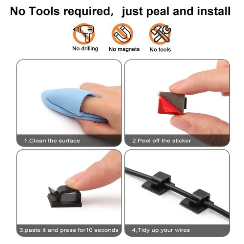 60PCS Cable Clips, KGROTE Outdoor Light Wire Clips Adhesive Cable Hooks Cord Organizer Holder for Desk, Wall Cable Management, Christmas Lights, Christmas Ornaments, Fairy Lights (Black)