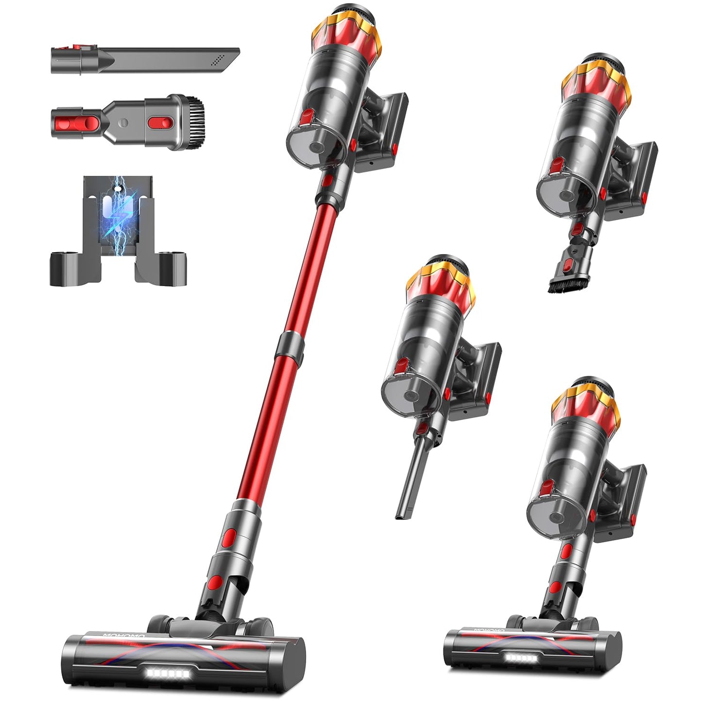 Cordless Vacuum Cleaner, 650W/55KPa 70Mins Vacuum Cleaners for Home, Self-Standing Stick Vacuum with Anti-Tangle Brush & OLED Touch Screen, Vacuum Cleaner for Hardwood Floors,Carpet,Pet Hair,Car (Red)