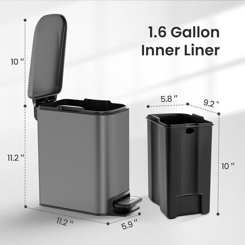 Cesun Stainless Steel Trash Can - 6 Liter Soft Close Lid & Step Pedal | Anti-Fingerprint Finish (Gray)