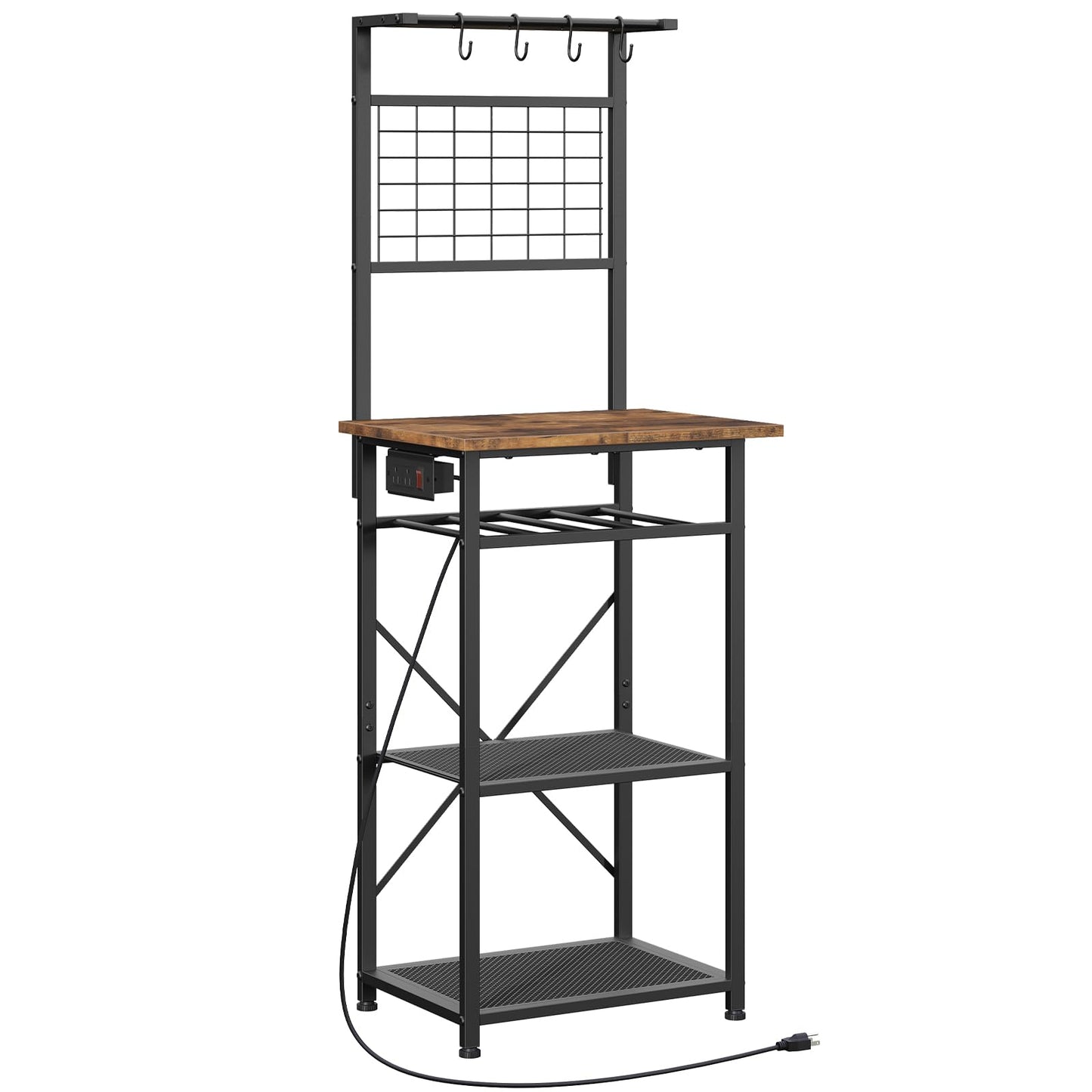 MAHANCRIS Bakers Rack with Power Outlet, Coffee Bar Station with Wine Rack, Bakers Racks for Small Spaces, Microwave Stand for Kitchen, Rustic Brown and Black BRHR23E01
