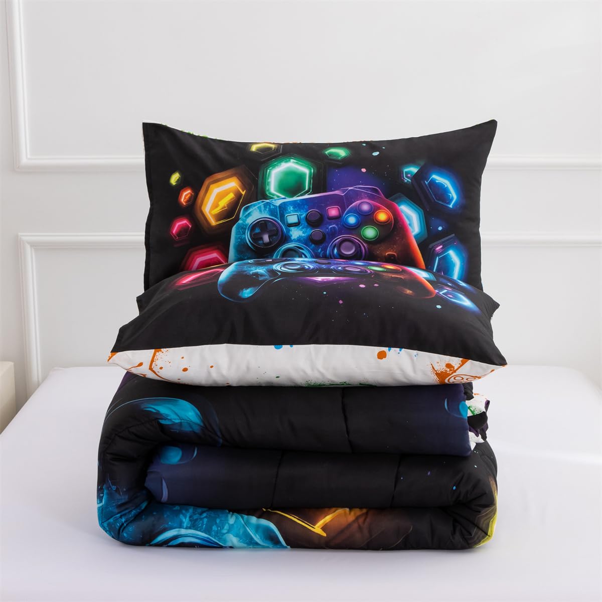 NTBED Game Console Comforter Set for Boys Girls Kids Space Universe Gaming Geometric Lightweight Microfiber Gamer Bedding Sets (Multi, Full)
