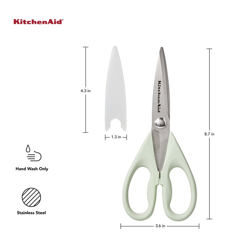 KitchenAid All Purpose Kitchen Shears with Protective Sheath Durable Stainless Steel Scissors, Dishwasher Safe, Soft Grip Comfort Handle, 8.72 Inch, Pistachio