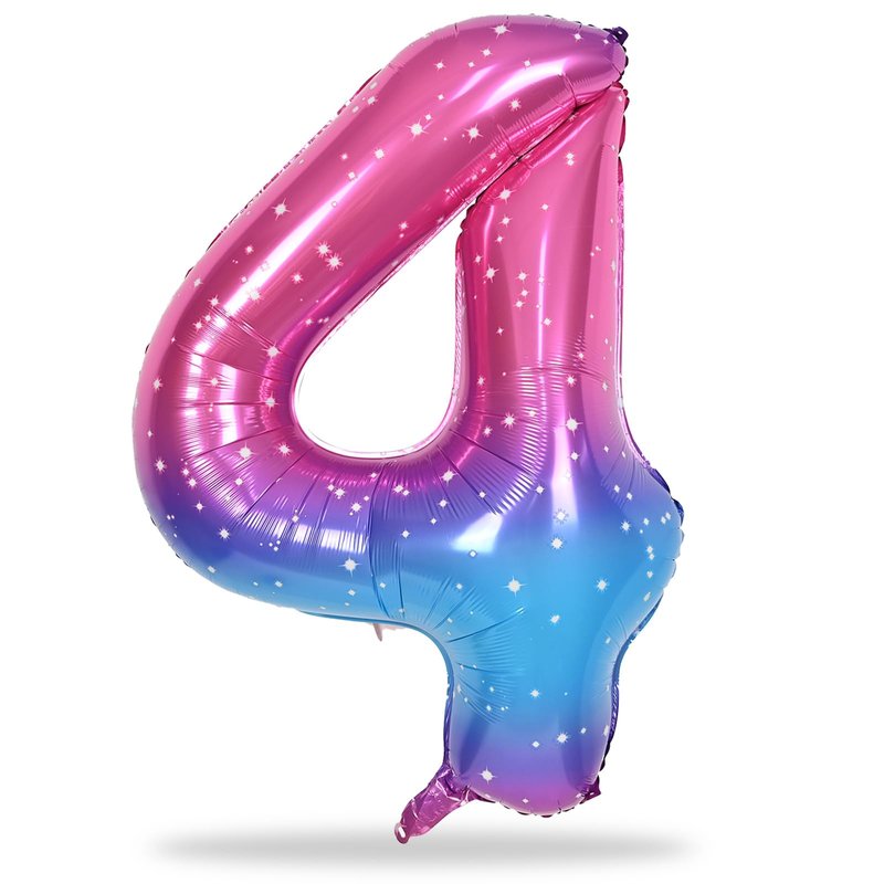 Gradient Rainbow 4 Balloons, 40 Inch Large Blue Pink Purple Foil Number Balloons Set 0-9, Self Inflating Starry Digital 4 Helium Balloon for Girls Women Birthday Anniversary Party Decorations Supplies