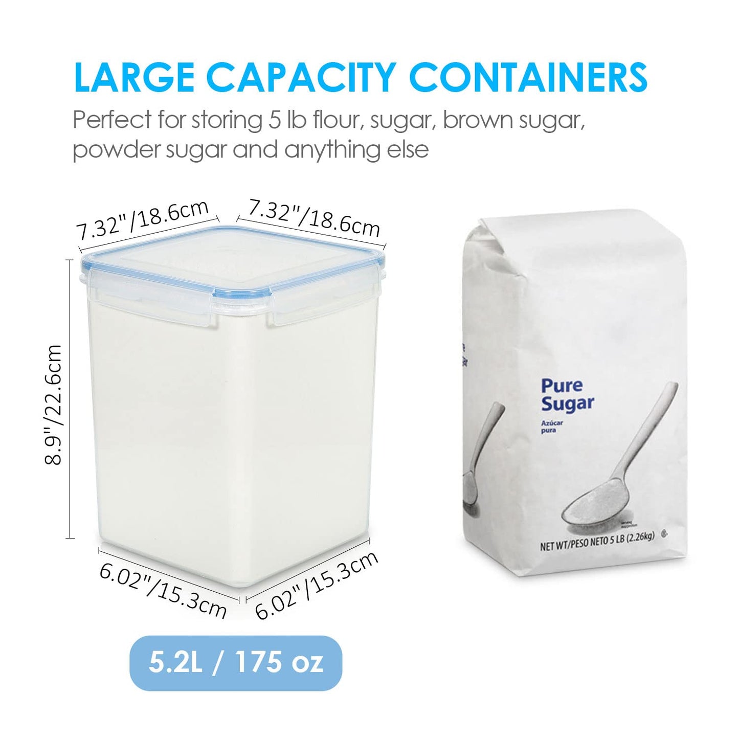 Vtopmart Large Food Storage Containers 5.2L / 175oz, 4 Pieces BPA Free Plastic Airtight Canisters for Flour, Sugar, Baking Supplies, Rice with Lids, 4 Measuring Cups and 24 Labels, Blue