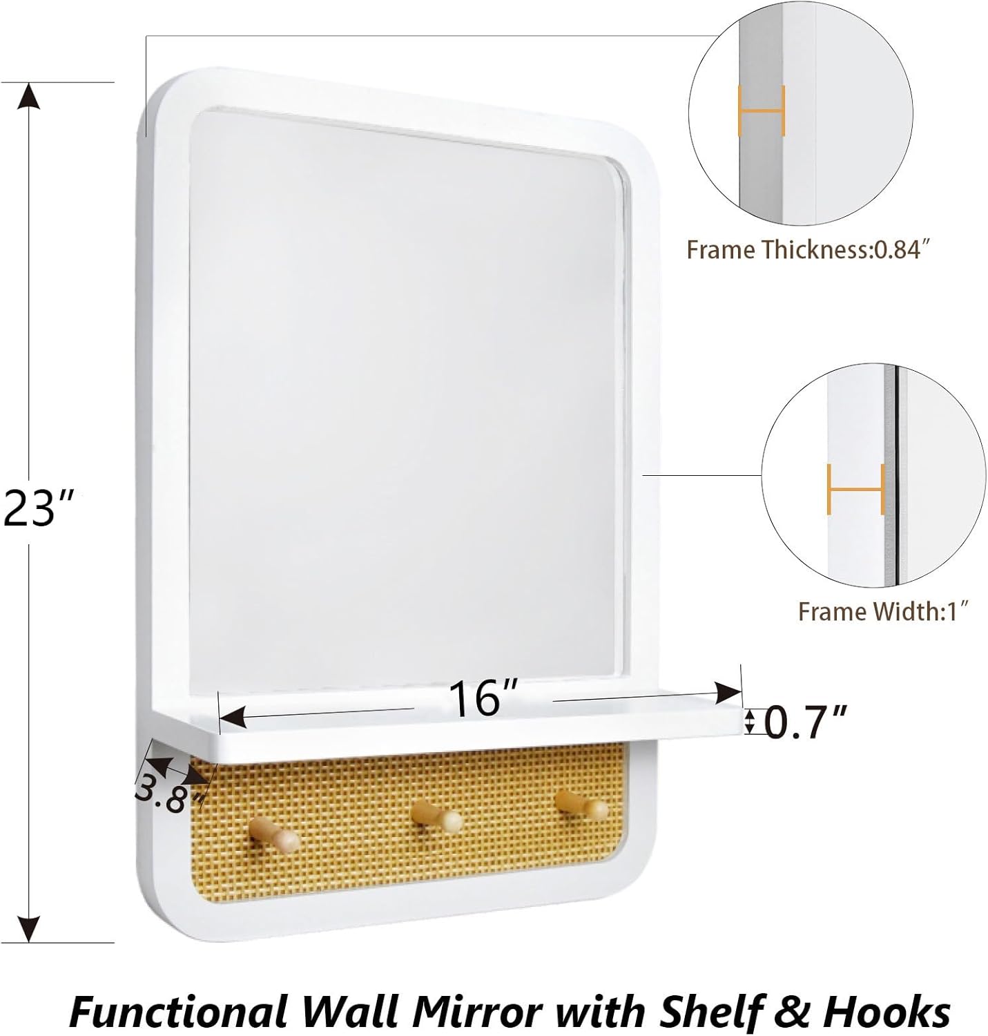Entryway Mirror with Hooks, 23x16 Inch Boho Bathroom Mirror with Shelf, White Wood Framed, Handmade Rattan Wall Decor for Bedroom, Living Room, Hallway, Vanity