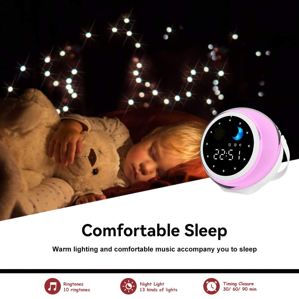 Kids Alarm Clock, Ok to Wake Clock for Toddlers with Sunrise & Moon for Bedroom Decor, Sleep Training Digital Clock with White Noise Sound & Night Light for Girls Boys (Pink-Blue)