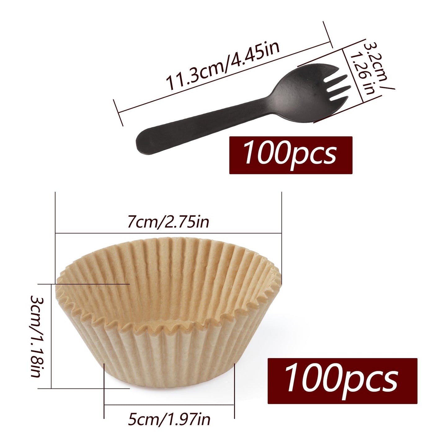 100PCS Standard Natural Cupcake Liners with 100 Plastic Spoons for Baking Cupcakes and Muffins (100, Natural, Small)