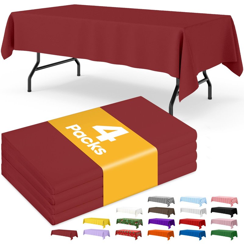Niuara Burgundy Plastic Table Cloth - 4 Pack 54" × 108" Rectangle Disposable Tablecloths for 6FT Tables, Table Cover for Party, Holiday & Gathering Use
