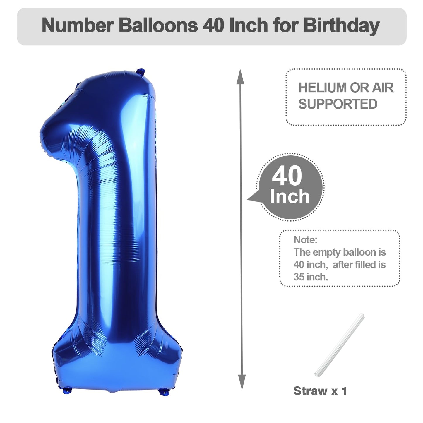 Number Balloons 40 Inch 1 Balloon for Birthday Party, Blue One Balloons Foil Number 1 Ballon for 1, 10, 11, 100 Celebration, Boy and Girl Birthday, Baby Shower, Anniversary Decor