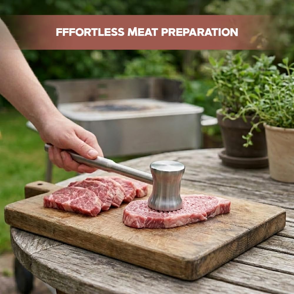 304 Stainless Steel Tenderizer Mallet Dual-Sided Hammer, Heavy Duty Pounder Tool for Steak, Beef & Chicken Cutlets, Textured Grip Kitchen Mallet, Dishwasher Safe Beater for Cooking