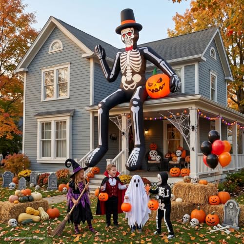 JOVIPOP 14ft Inflatable Sitting Skeleton Halloween Decor with Lights & Pumpkins