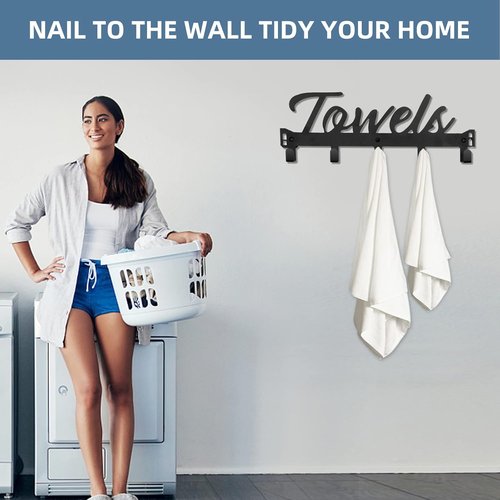Azmoncy Over The Door Hooks - Heavy Duty Towel Rack with 5 Coat Hooks | Black for Bathroom & Kitchen