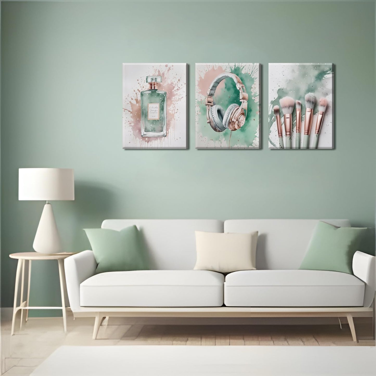 Skiennix Fashion Makeup Canvas Wall Art Set - Trendy Pink & Sage Green Decor for Teen Girls | 12x16 Inch Framed