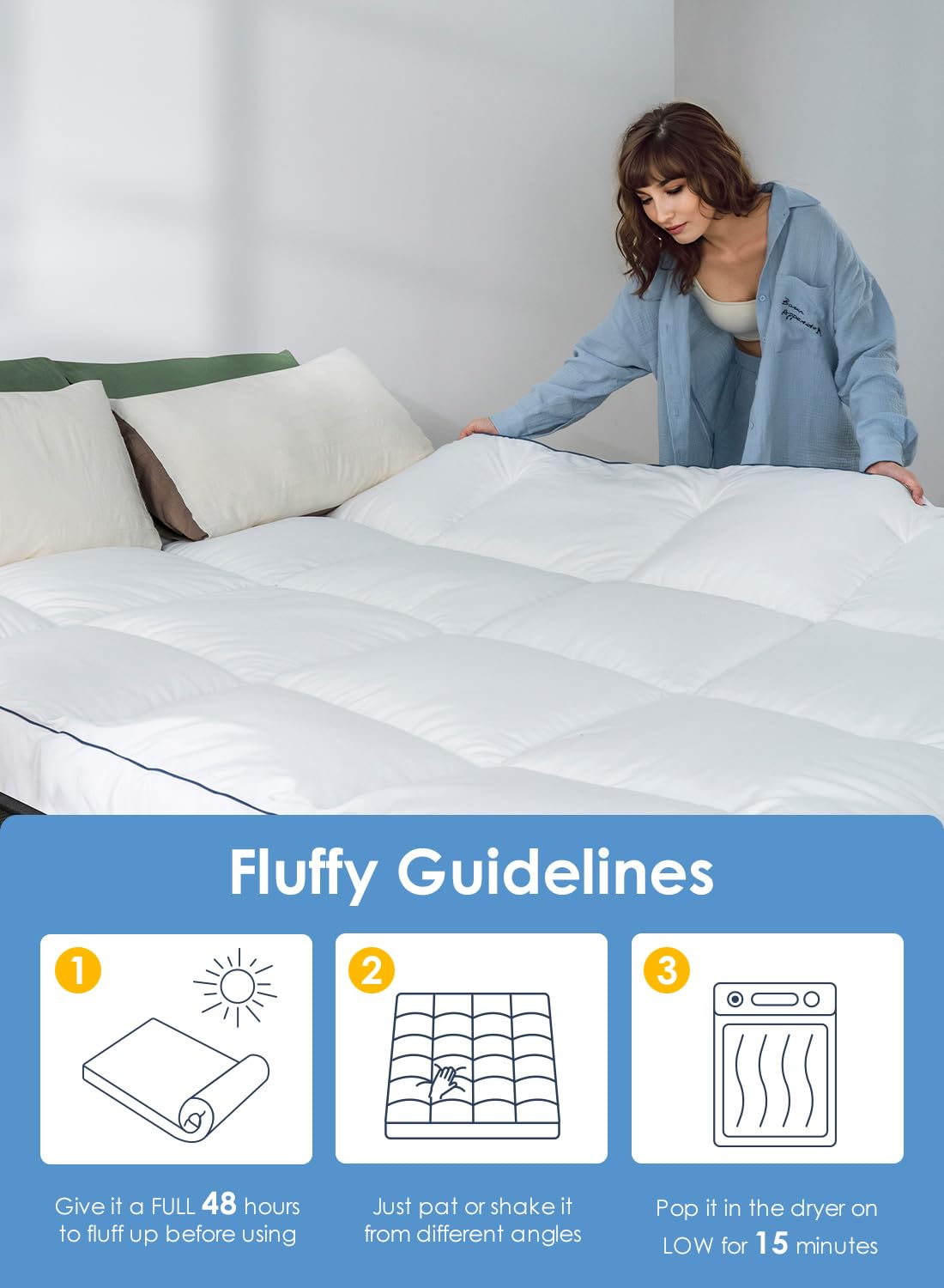 QUEEN ROSE Mattress Topper Full Size, Pillow Top Extra Thick Mattress Pad, Soft Baffle Box Overfilled Down Alternative for Back Pain, 4 Corner Straps, White