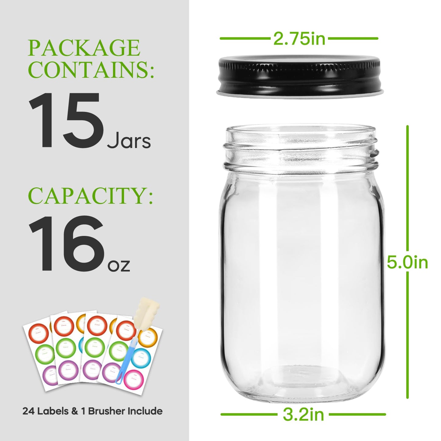 Mcupper Mason Jars 16 oz with Black Lids, 15 Pack Canning Jars, Clear Regular Mouth Glass Jars for Canning and Fermenting, Labels & Brusher Included - Microwave & Dishwasher Safe