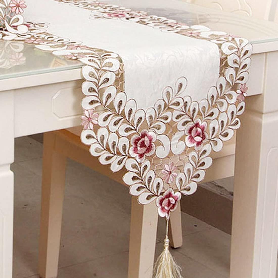 Classic Floral Embroidery Table Runner - 15" x 77" Dark Red Lace Dresser Scarf for Weddings & Home Decor