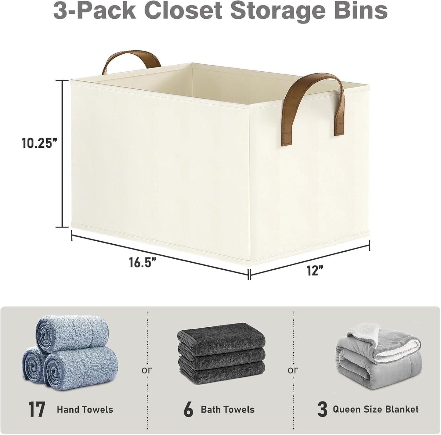 Regine Switzerland Closet Storage Bins - Collapsible Fabric Organizers for Bedroom | Beige, 3 Pack