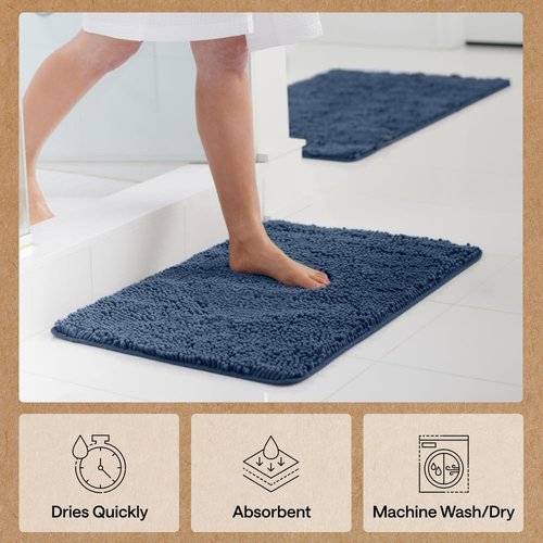 GORILLA GRIP Bath Rug Mat - Soft Absorbent Chenille | Quick Dry Microfiber, 48x17, Navy