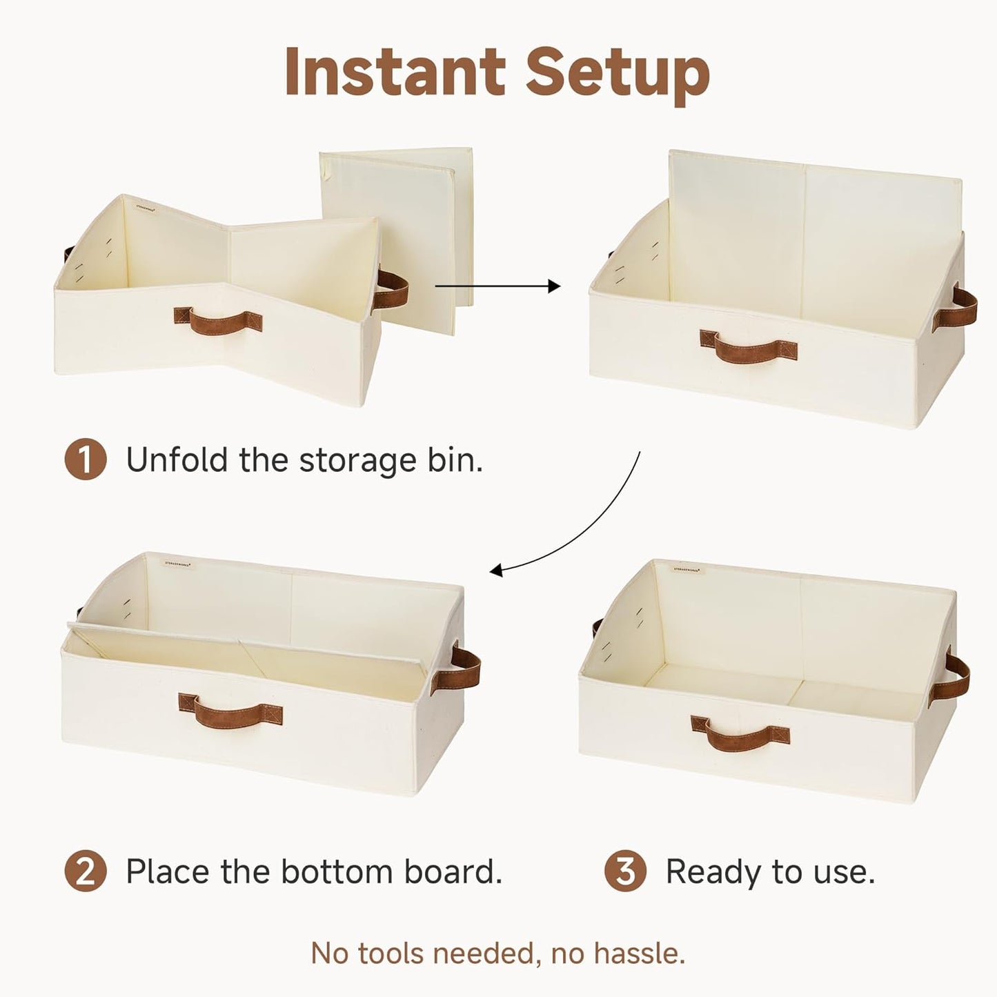 StorageWorks Trapezoid Storage Bins - Large Ivory White Fabric Closet Organizers | 3-Pack for Toys & Towels