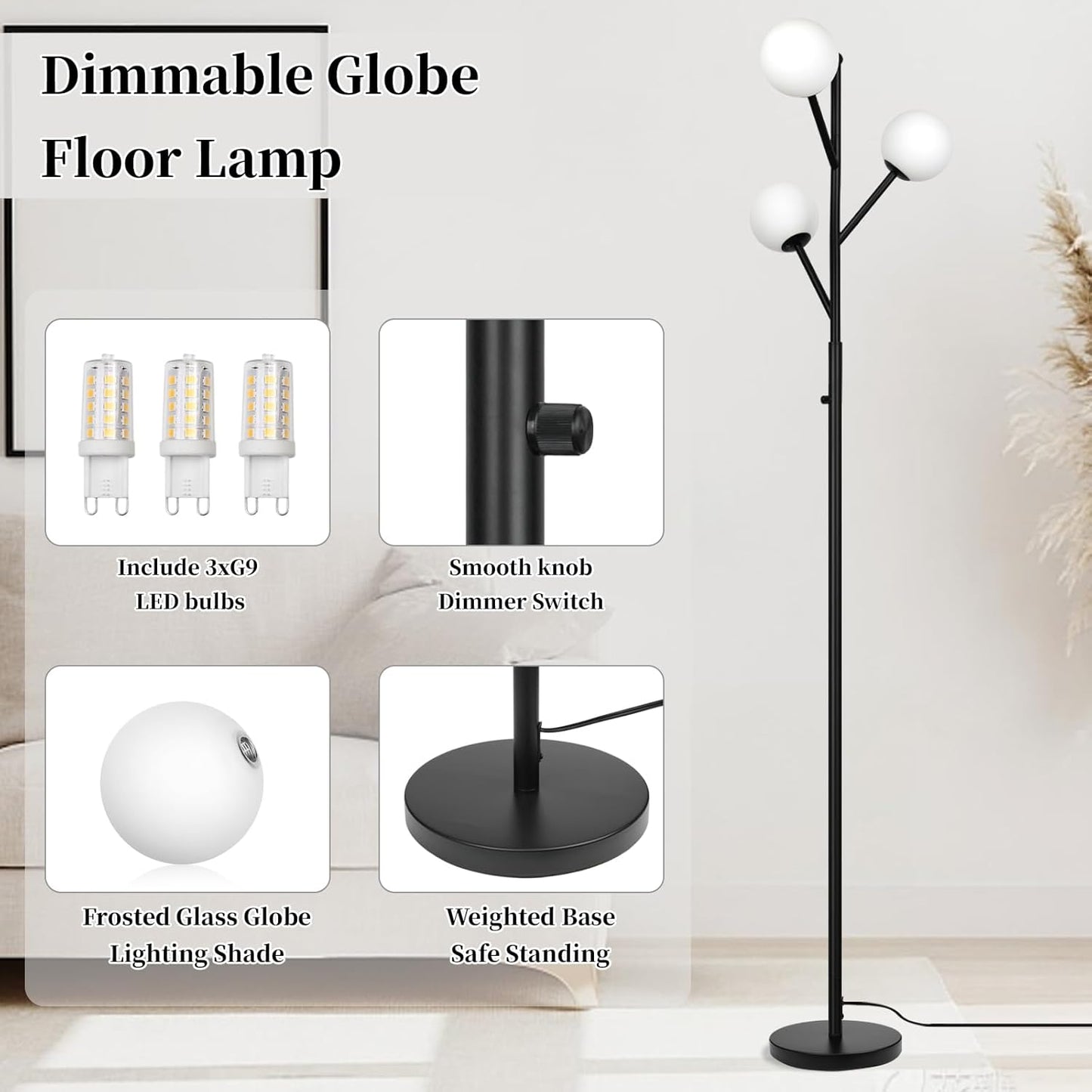 Globe Mid Century Tree Floor Lamp with 3 Light Bulbs,70in Tall Standing Glod Floor Lamp with Frosted Glass Shade for Living Room,Office,Bedroom, Study Room, Hotel, Antique Brass Lighting
