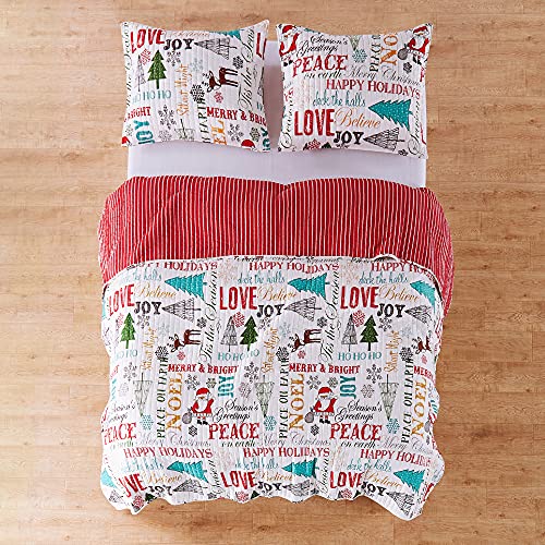 Levtex Home Merry & Bright Collecion - Santa Claus Lane Quilt Set - Full/Queen Holiday Quilt 88x92 + Two Standard Pillow Shams 20x26 - Christmas Script - Red Teal Yellow Green Black White - Reversible
