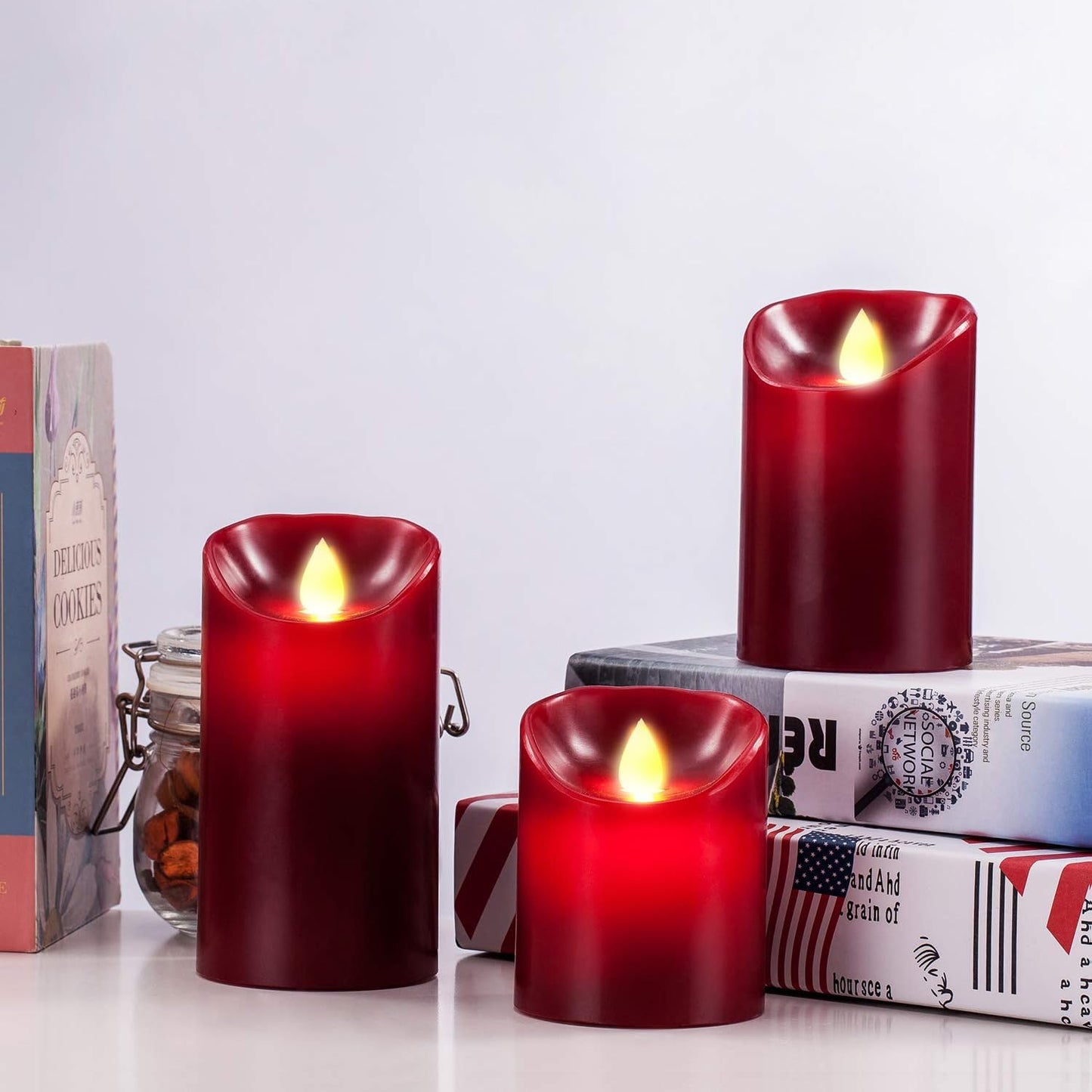Flameless LED Drip-Less Wax Pillar Candles Set of 3 - Realistic Flickering Motion, Burgundy with Remote & 24-Hour Timer