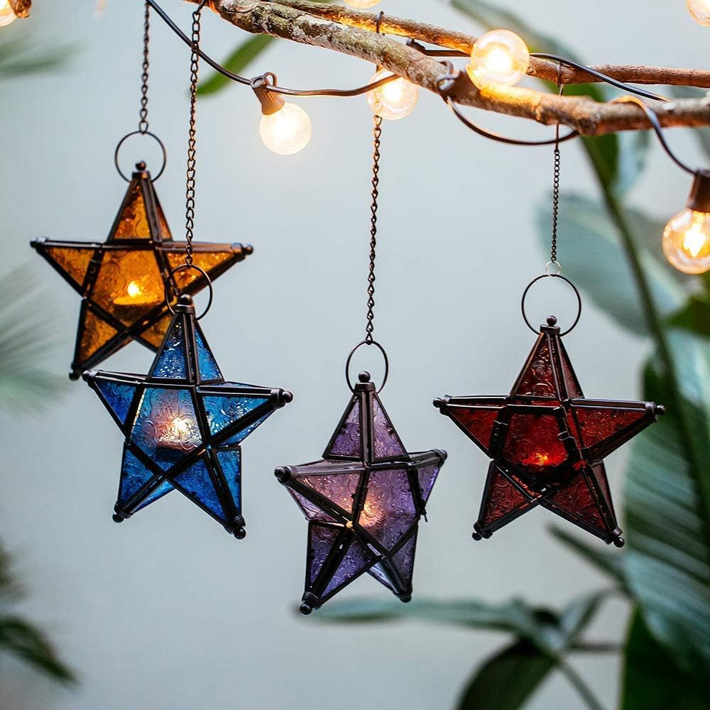 Purple Star Lantern Candle Holder - Decorative Hanging Glass Lantern for Home & Garden