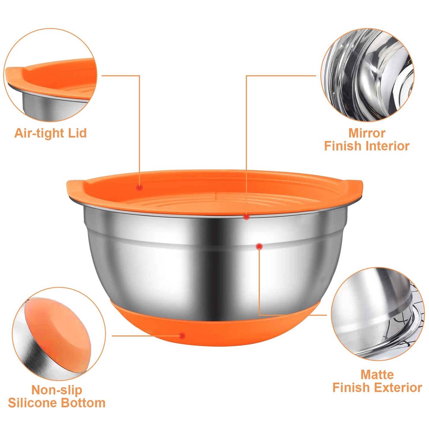 Menbyci 6 Pcs Mixing Bowls with Lids,Stainless Steel Mixing Bowls Utensils with 3 Grater Attachments,Non-Slip Bottoms,Mixing Bowl Set for Kitchen Mixing Baking Prepping Cooking Serving,Colorful