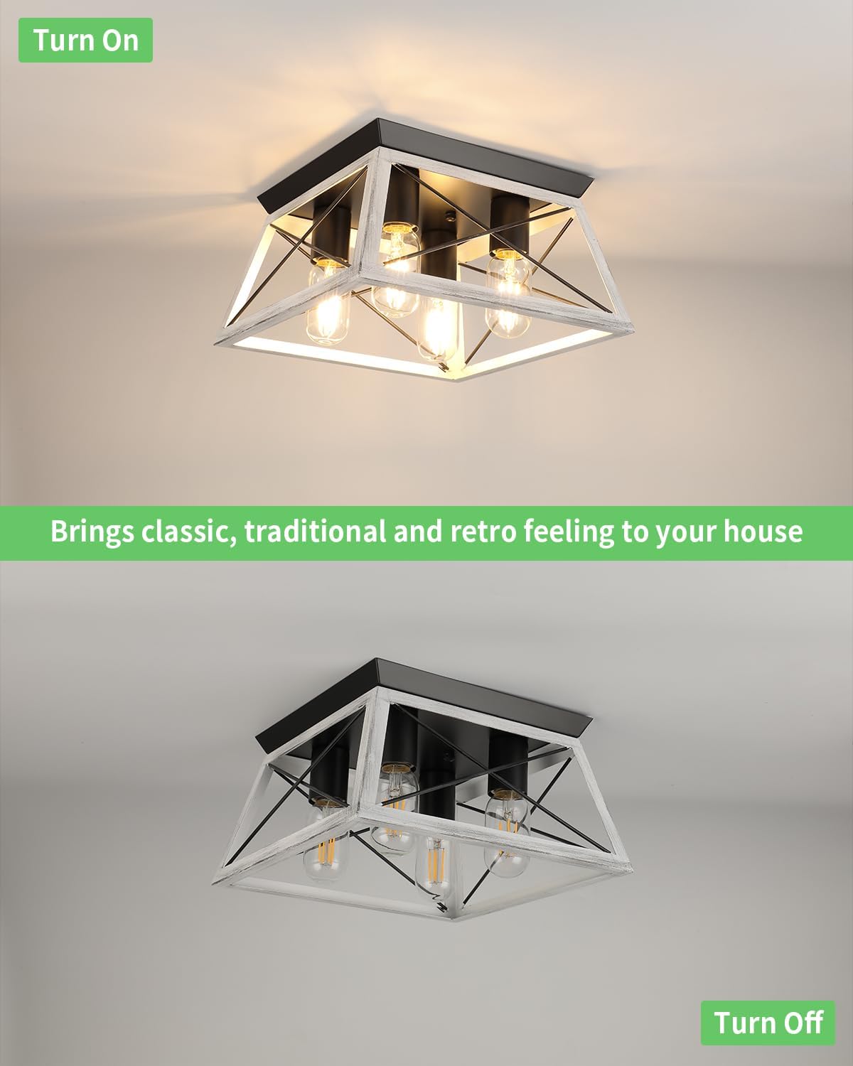 Farmhouse Flush Mount Ceiling Light Oak White Ceiling Light Fixtures 2-Light Industrial Vintage Metal-Framed Ceiling Lighting for Hallway Foyer Kitchen Dining Room Bedroom Living Room Laundry