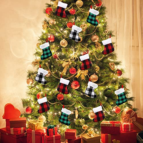 XIMISHOP 12PACK Christmas Mini Stockings, 7¡± Double Side Xmas Red Green White Buffalo Plaid Fireplace Hanging Snowflake Stocking with Plush Cuff for Christmas Tree Decor