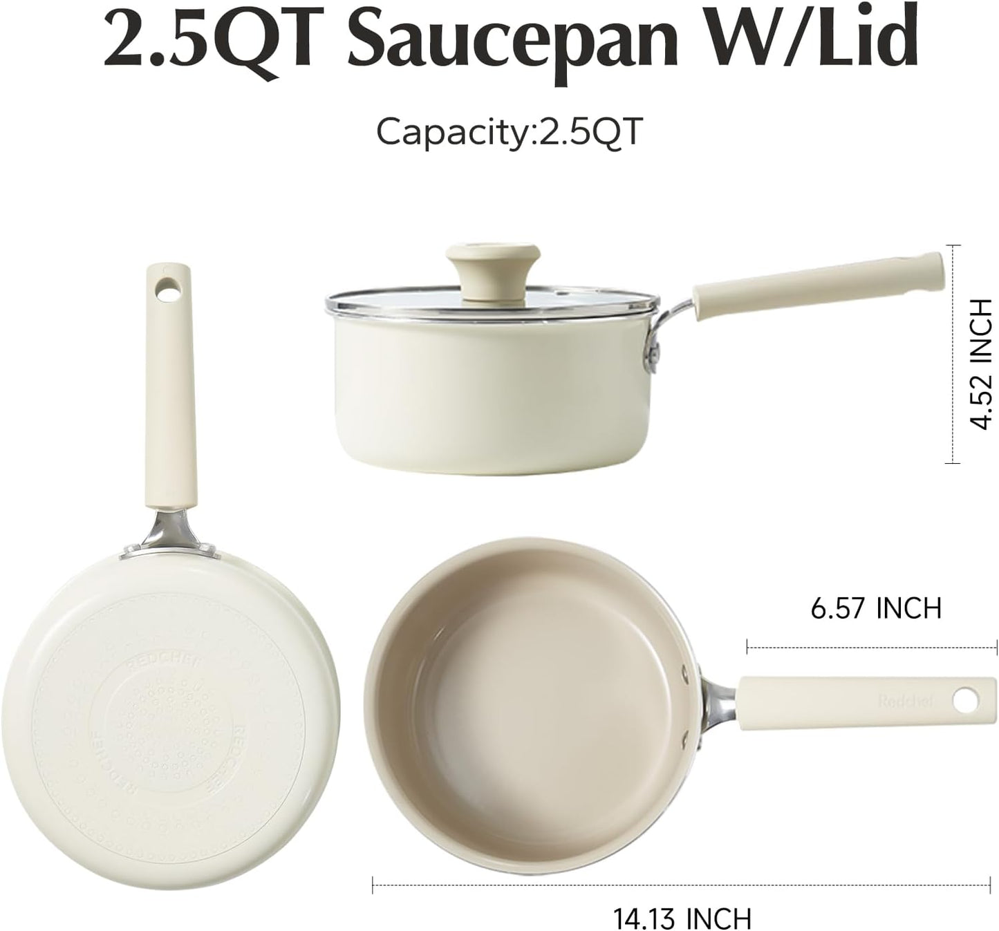 Redchef Ceramic Nonstick Saucepan - 2.5QT Non-Toxic Cooking Pot with Lid | PFAS-Free, Cool Handle, White