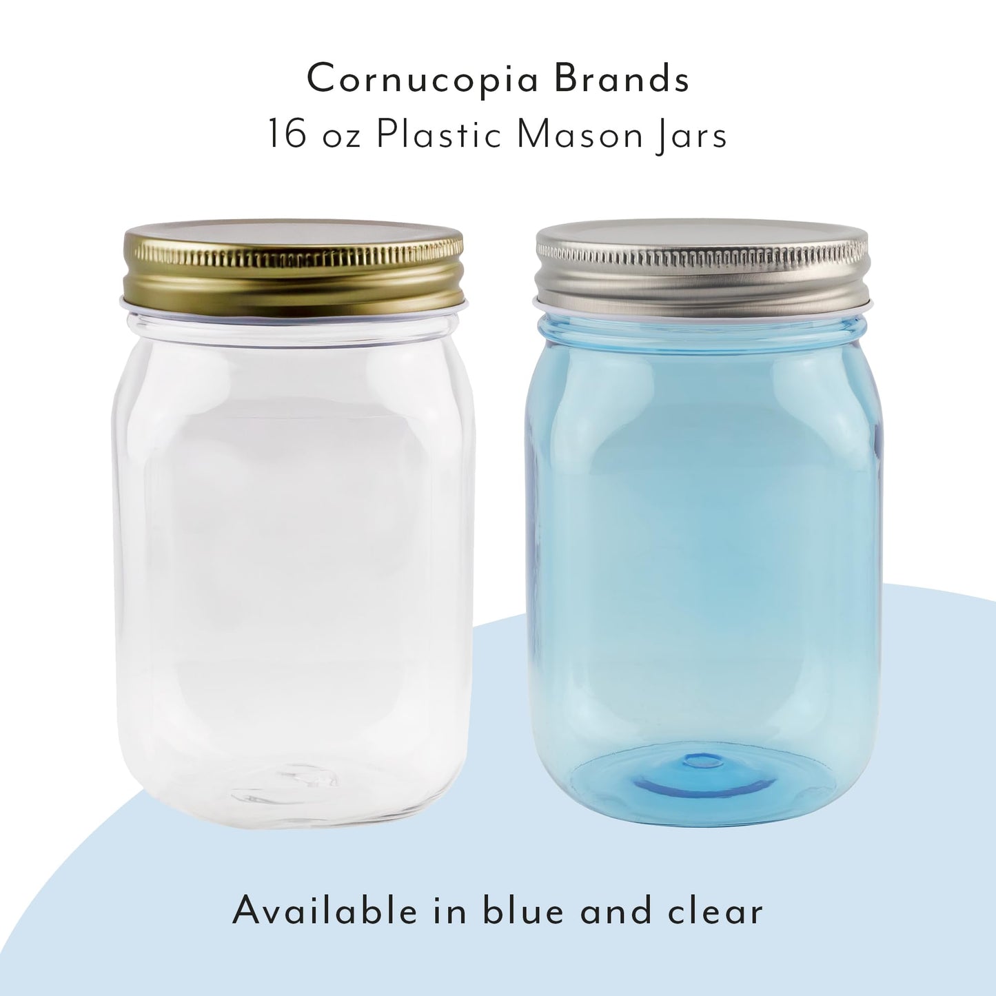 Cornucopia Brands 16oz Clear Plastic Mason Jars (8-Pack, Gold Metal Lids); PET BPA-Free Mason Style w/One Piece Lids, 2-Cup/Pint Capacity