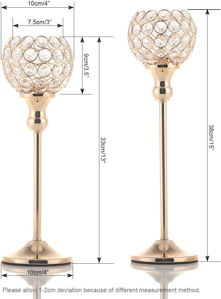Gold Crystal Candle Holders Set of 2 - Elegant Pillar Candlesticks for Weddings & Home Decor