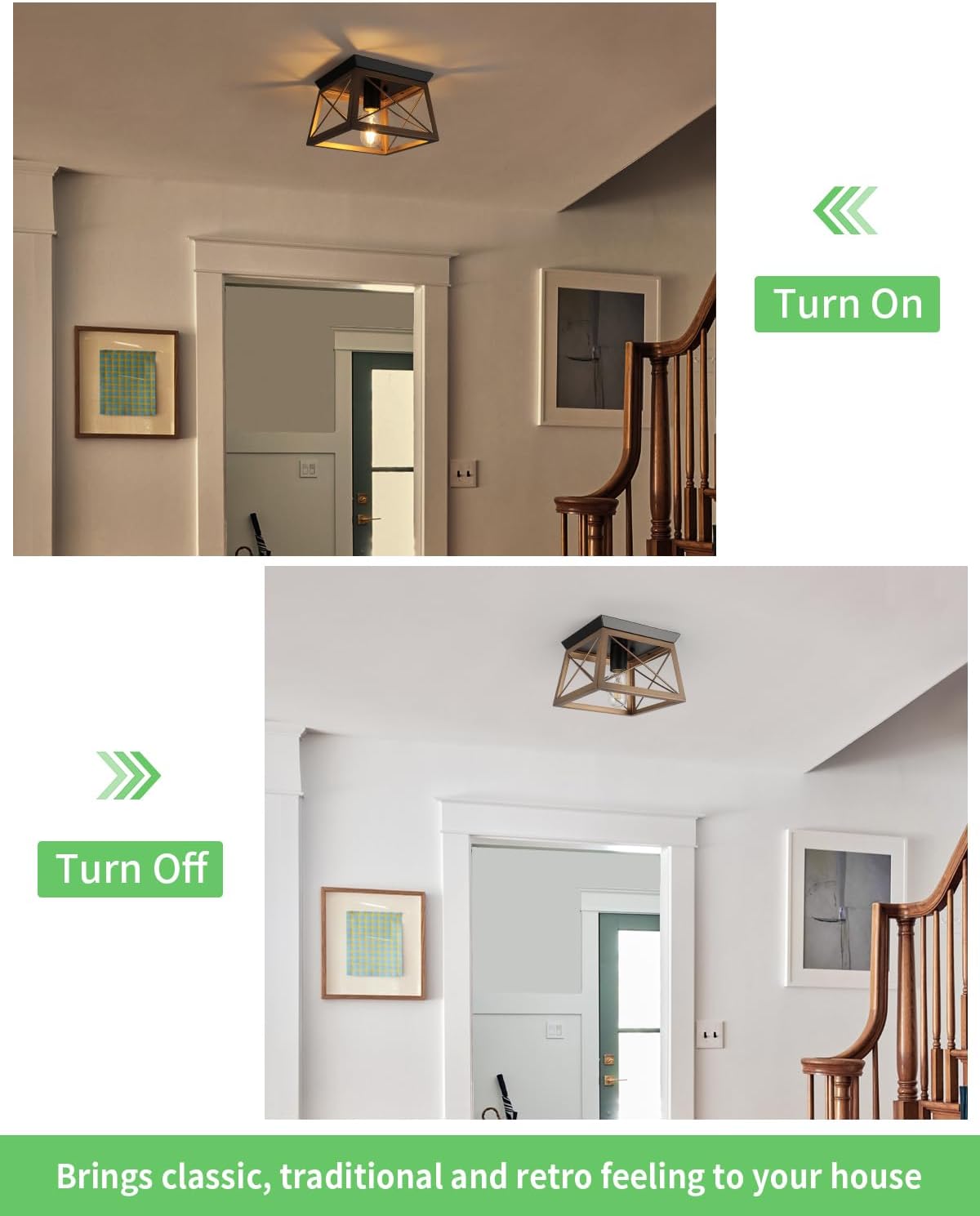 Farmhouse Flush Mount Ceiling Light Oak White Ceiling Light Fixtures 2-Light Industrial Vintage Metal-Framed Ceiling Lighting for Hallway Foyer Kitchen Dining Room Bedroom Living Room Laundry