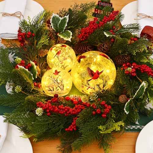 Yinhua Lighted Christmas Decorations Indoor, 4" Cardinal Bird Crackle Glass Balls, Light Up Christmas Globe Light with Timer, Xmas Centerpieces for Tables Mantel Fireplace Living Room Gift