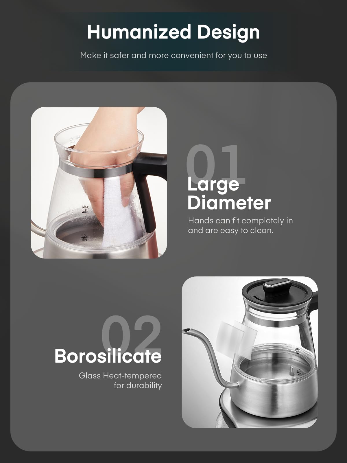 Aiheal Gooseneck Electric Kettle, Glass Electric Tea Kettle with 4 Temperature Control Presets and Keep Warm Function, Pour Over Kettle for Coffee and Tea, Hot Water Boiler, Quick Heating, 1200W/0.8L