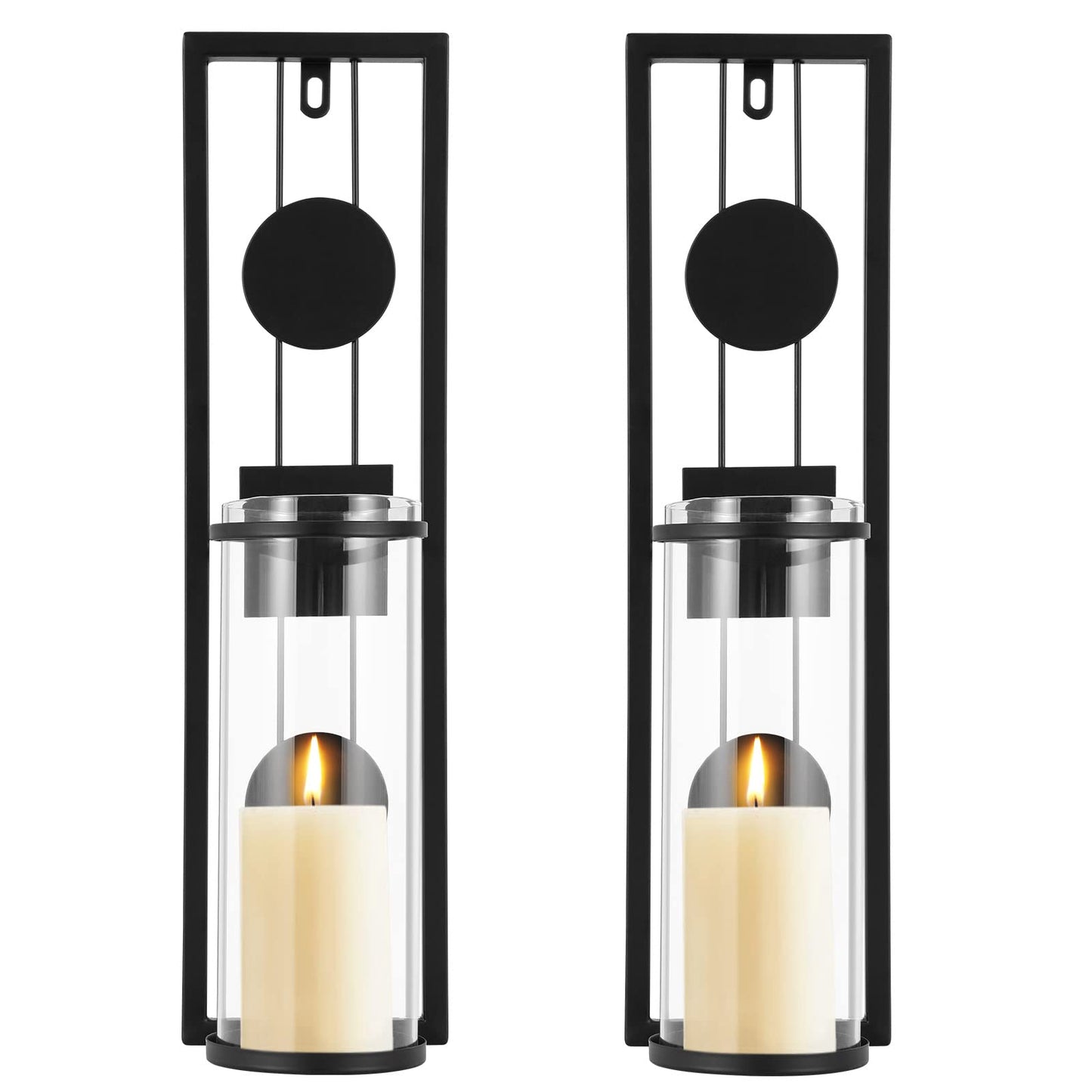 Candle Sconces Wall Decor Set of 2 Black Candle Holders Glass & Metal Candle Wall Sconces Hanging Candle Holders, Fireplace Mantel Decorations for Living Room Dining Room Kitchen Bathroom Bedroom Wall