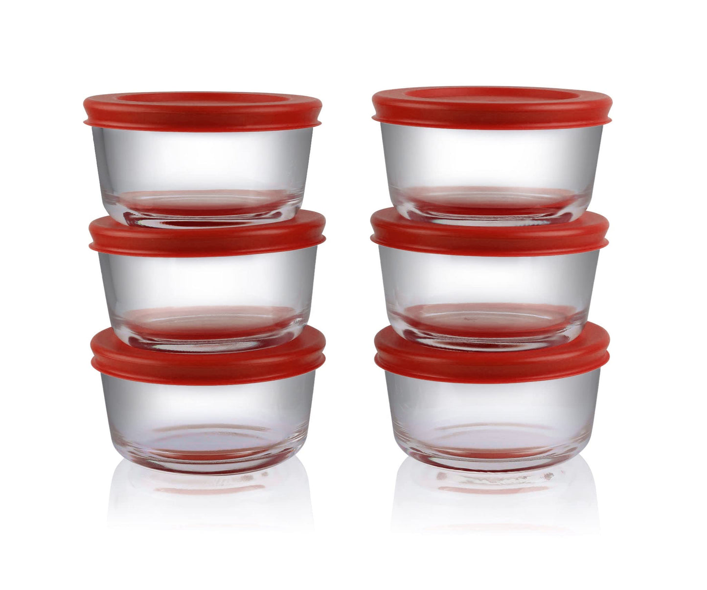 BOVADO USA 2 Cup Glass Food Storage Containers (6 Pack) | Nonpourous Dishwasher, Freezer & Oven Safe Glass, Easy-Clean | Red Lids