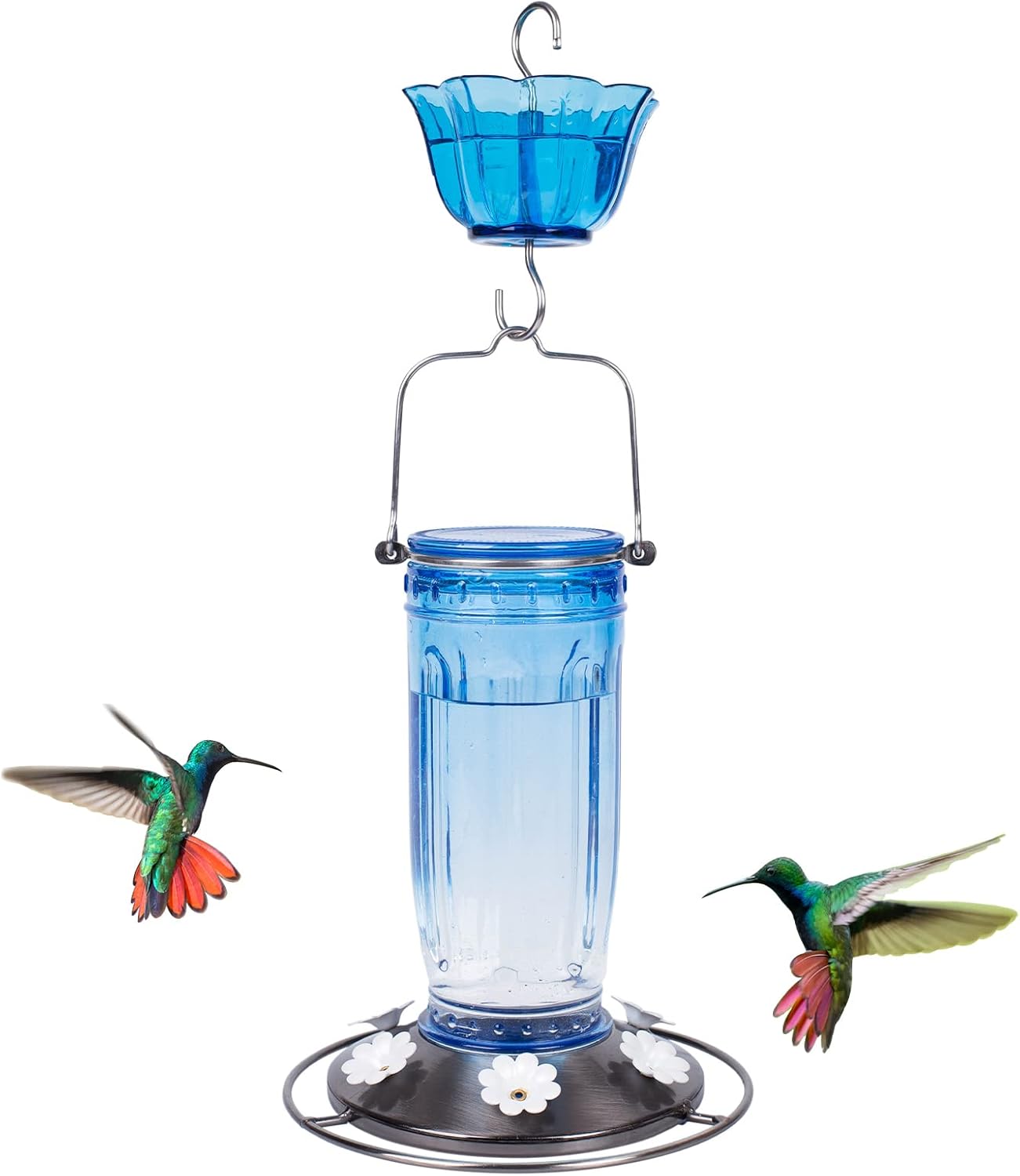 Kingsyard Glass Hummingbird Feeder - 6 Feeding Ports for Outdoor Gardens | Blue with Ant Moat Included